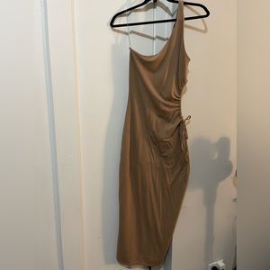 Tan one shoulder maxi dress. Size small. Worn only once.